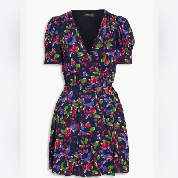 Saloni Wrap Dress Floral Puffy Short Sleeve Rayon Sz US 4 - Picture 1 of 15